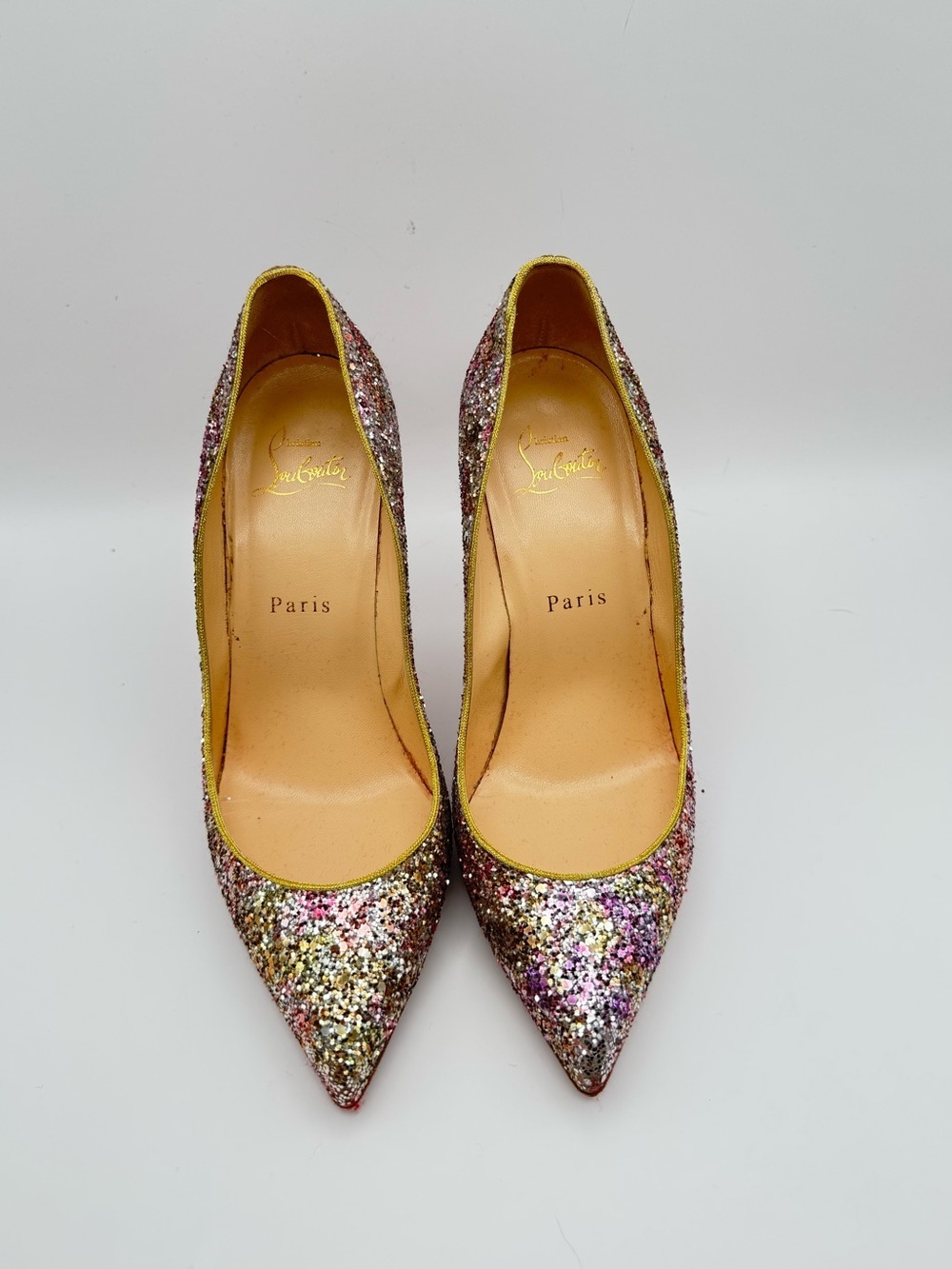 Christian Louboutin Pigalle Follies 100 Glitter Pumps Rosette Gold EU 36.5